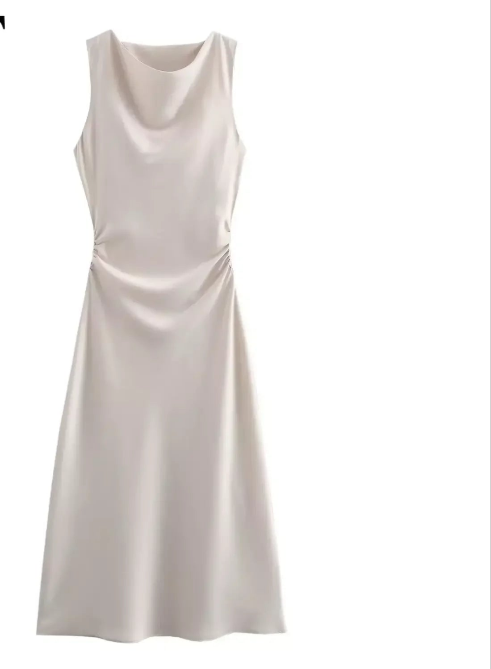 Satin Ruched Pleated Solid Color Sleeveless O-Neck Long Dress