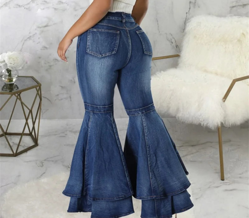 Denim Spliced Layered Flared Women's Stretch Bootcut Wide Leg Bellbottom Jeans