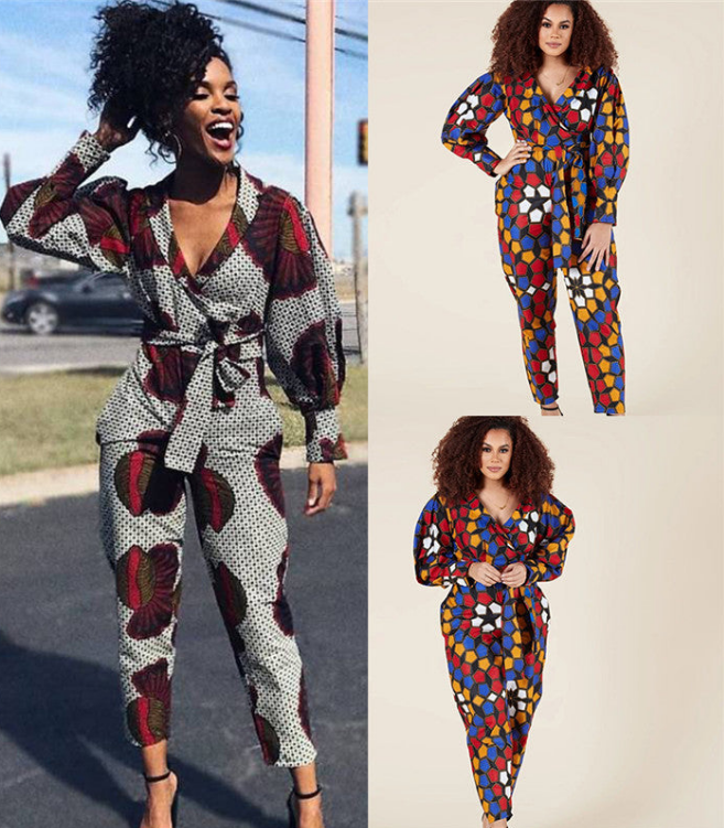 African Geometric Print Long Balloon Sleeve V-Neck Women's Jumpsuit