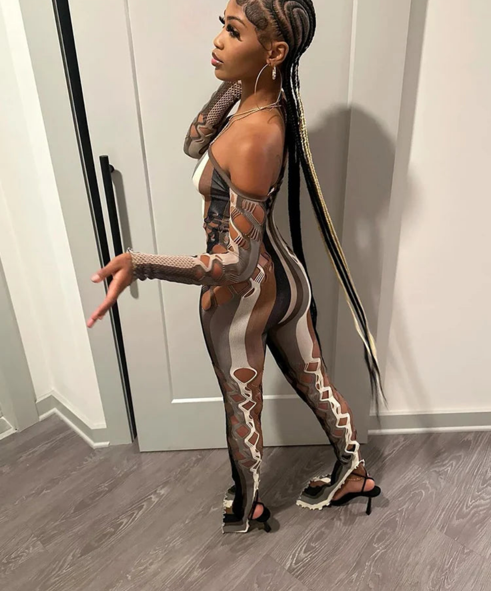 Off-the-Shoulder Colorblock Striped Fishnet Pattern Long Sleeve Women's Jumpsuit