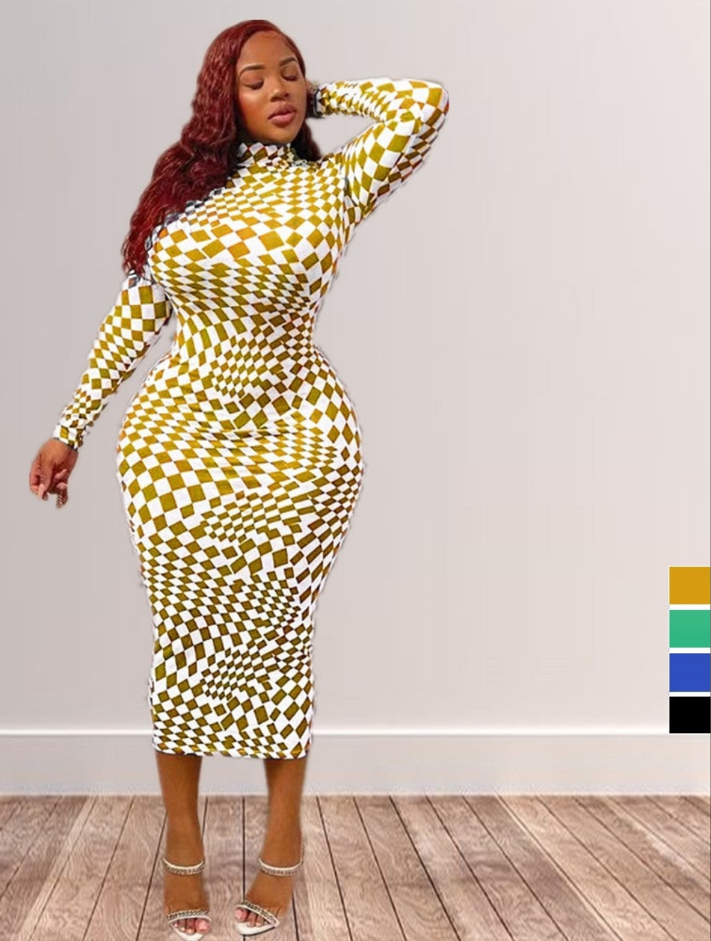 Plaid Checker Print Bodycon Long Sleeve Maxi Dress to 5X Plus Size
