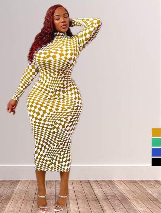 Plaid Checker Print Bodycon Long Sleeve Maxi Dress to 5X Plus Size