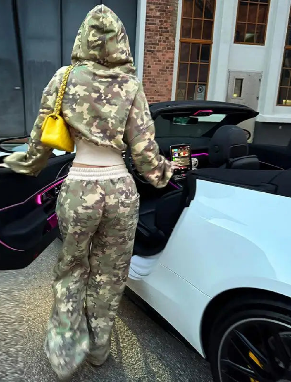 Camoflauge Print Drawstring Women's Zipper Hoodie Jacket + Skinny Elastic Waist Sweatpants Tracksuit