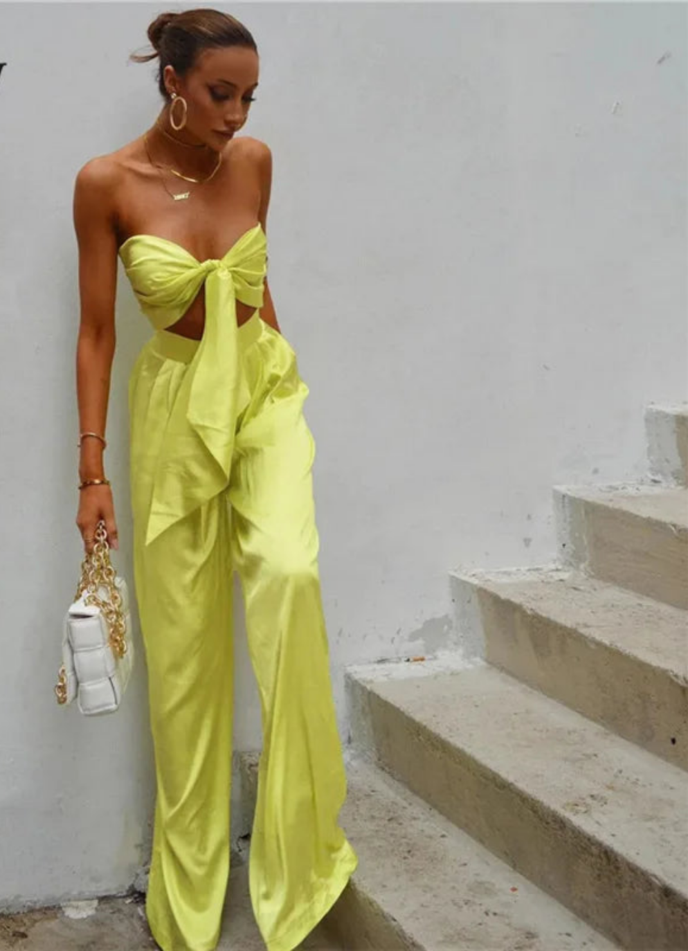 Bandage Slash Neck Bowtie Detail Strapless Crop Top + Wide Leg Pants Matching 2-Piece Set