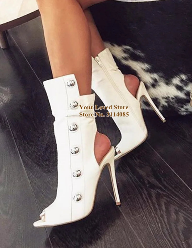 Metal Button Embellished Hollow-Out Open Toe Stiletto Heel Zipper Ankle Boots