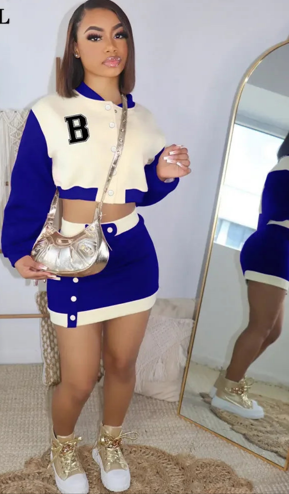 Letter "B" or "G" Print Long Sleeve Button Up Crop Women's Letterman's Jacket + Elastic Waist Mini Skirt 2-Piece Set