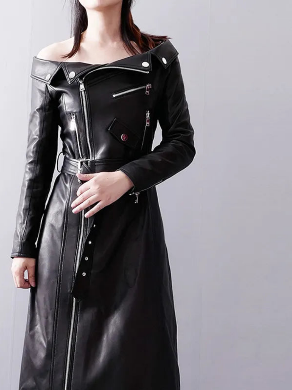 Solid PU Leather Slash Neck Zipper Gold Button Design Long Sleeve Runway High Side Slit Dress to 7X Plus Size