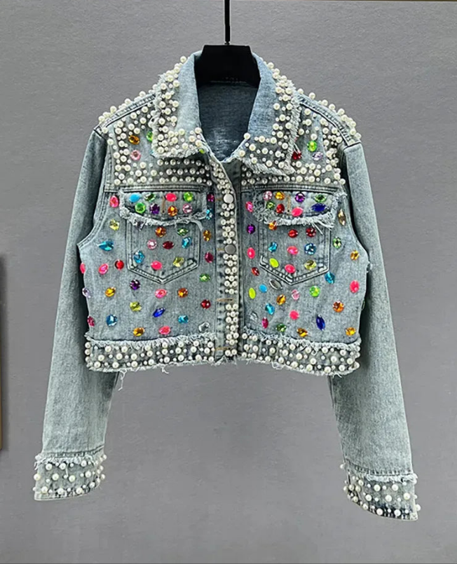 Denim Women's Pearl Colored Gem Rhinestone Crystal Long Sleeve Jean Jacket