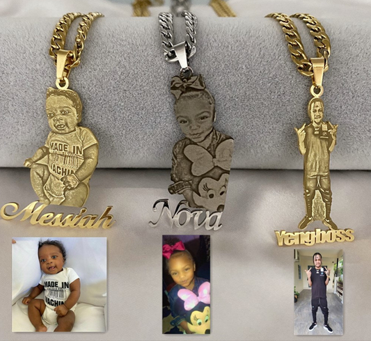 Customized Photo & Cursive Name Pendant Personalized Picture Portrait Nameplate Necklace Chain