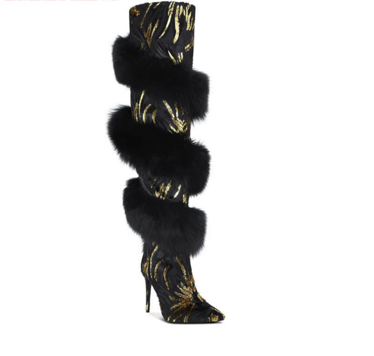 Zebra Metallic Glitter Gold/Black Print Faux Fur Over-the-Knee Pointed Toe Thin High Heel Thigh High Slip-On Boots