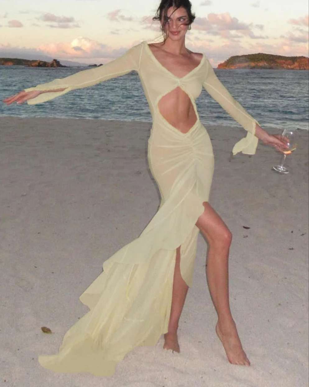 Sheer Transparent Hollow-Out V-Neck High Slit Long Sleeve Ruffled Lace Ruched Bodycon Maxi Dress