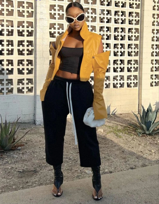 Yellow Irregular Faux Leather Women's Hollow-Out Long Sleeve Streetwear Patchwork Cropped Jacket