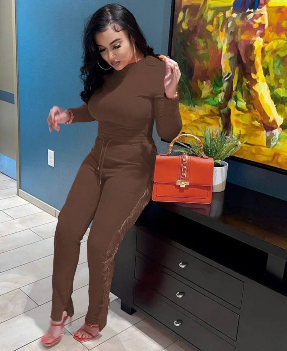 Tassel Detail Women's O-Neck Long Sleeve Top + Drawstring Skinny Pants 2-Piece Set