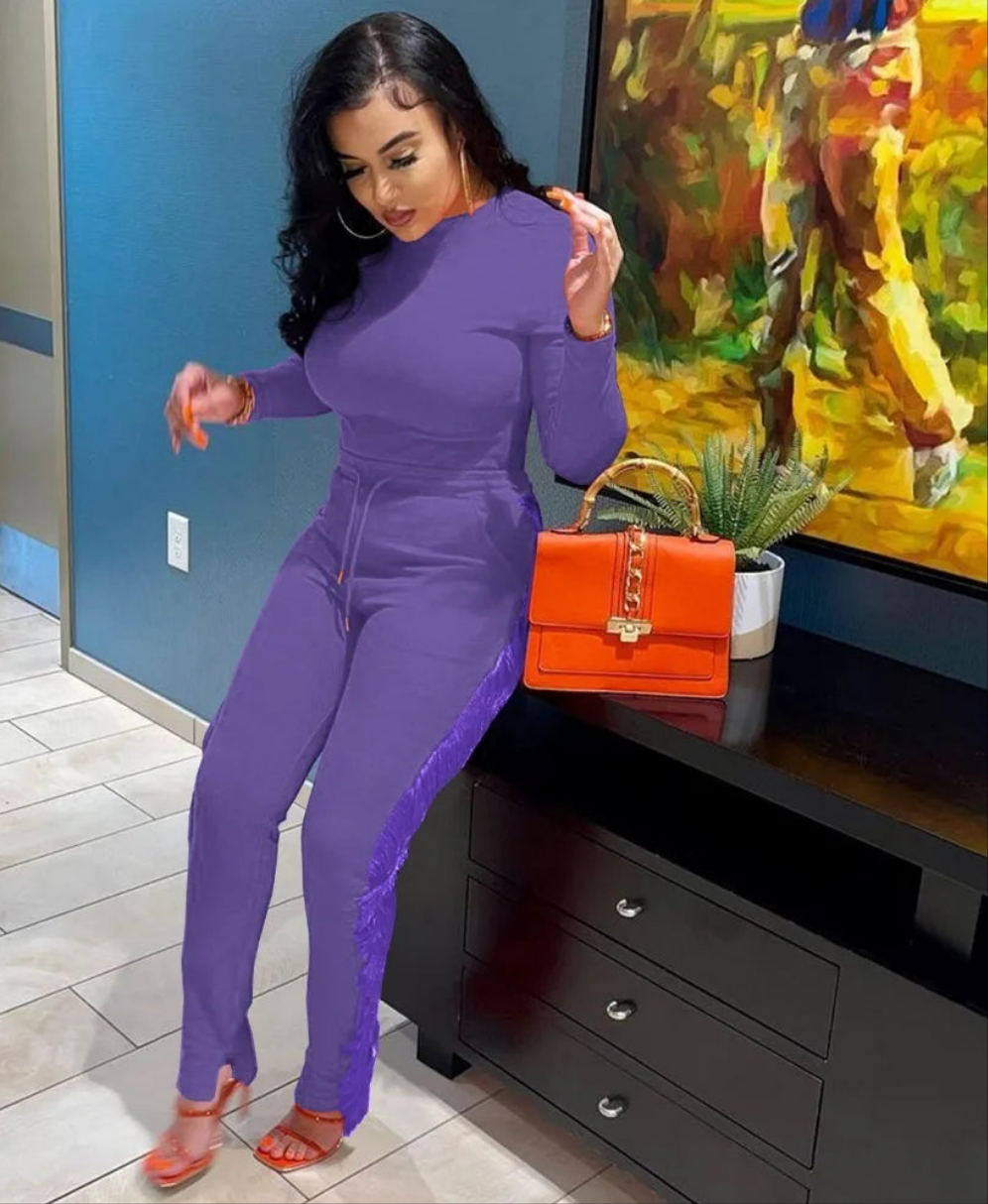 Tassel Detail Women's O-Neck Long Sleeve Top + Drawstring Skinny Pants 2-Piece Set