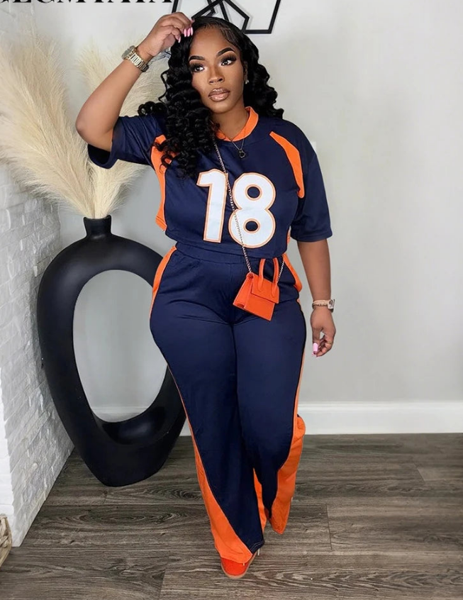 Blue/Orange Women's Number Print Short Sleeve O-Neck Jersey Top + Colorblock Wide Leg Pants 2-Piece Sets