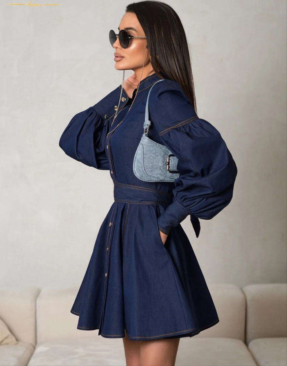 Blue Denim Pleated Button-Up Stand Collar Long Puff Balloon Sleeve High Waist Mini Jean Dress