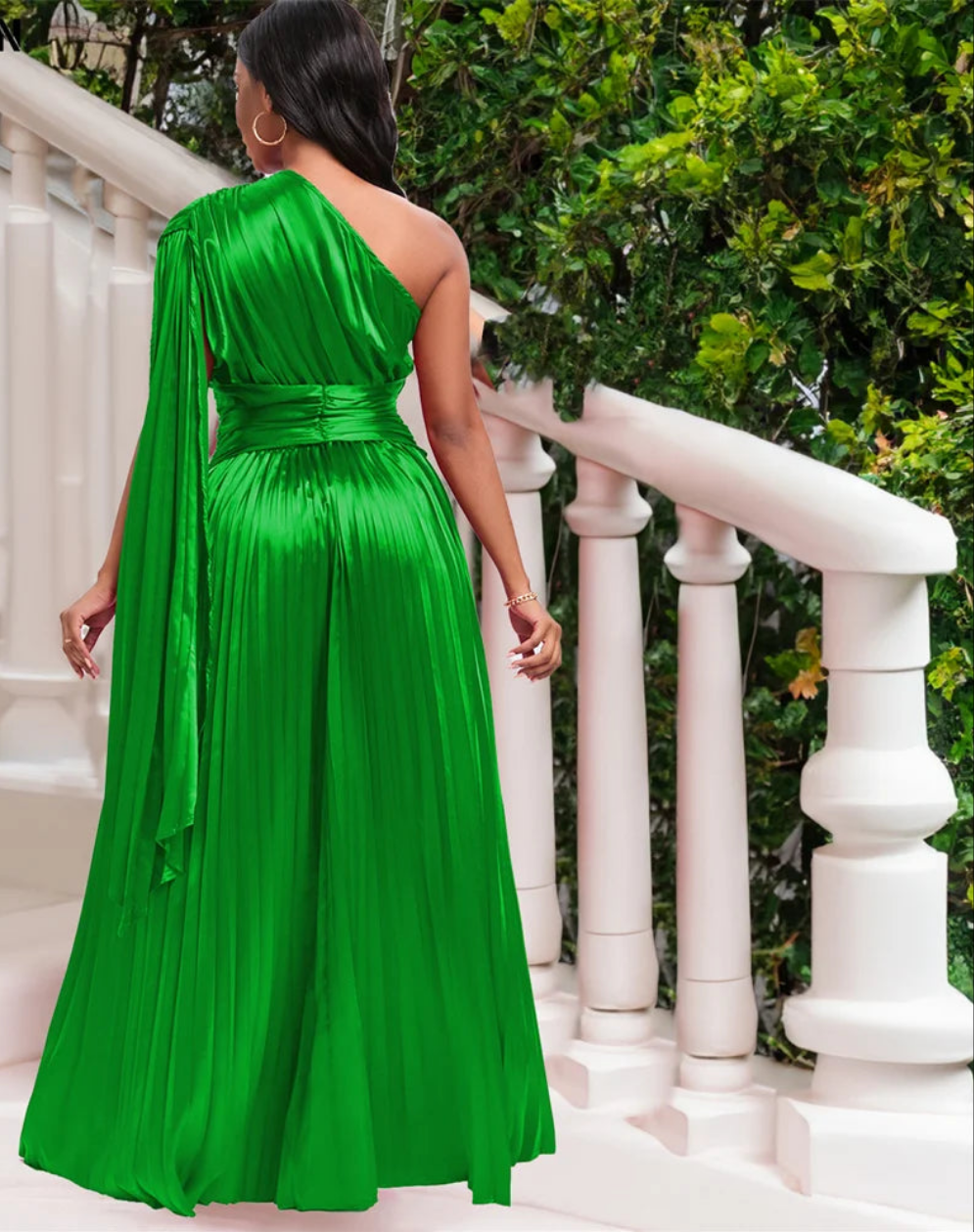 Satin Asymmetrical Ruched Waist Pleated One Sleeve Formal Maxi Dress to 3X Plus Size