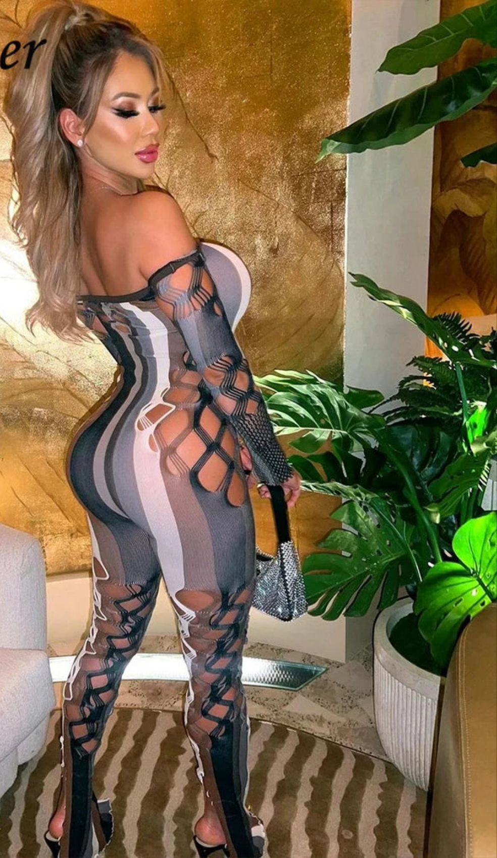 Off-the-Shoulder Colorblock Striped Fishnet Pattern Long Sleeve Women's Jumpsuit