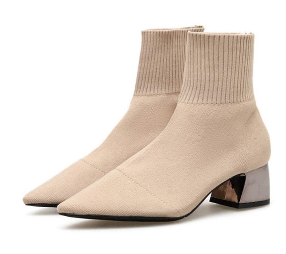 Knitted Solid Color Women's Stretch Low Heel Pointed Toe Ankle Boots