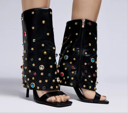 Rhinestone Crystal Star Embellished Folded Square Open Toe Stiletto Gladiator Sandal Ankle Zipper Boot