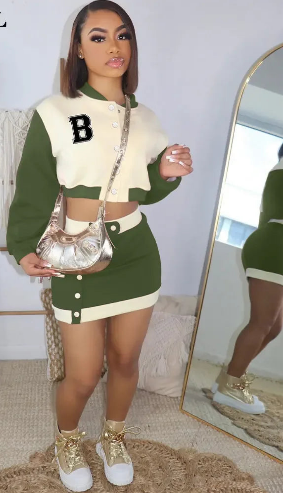 Letter "B" or "G" Print Long Sleeve Button Up Crop Women's Letterman's Jacket + Elastic Waist Mini Skirt 2-Piece Set