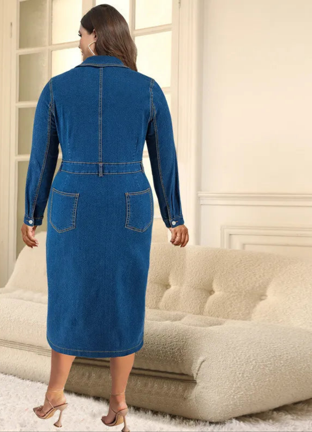 Denim Dark Blue Long Sleeve Turn-Down Collar Bodycon Dress to 3X Plus Size