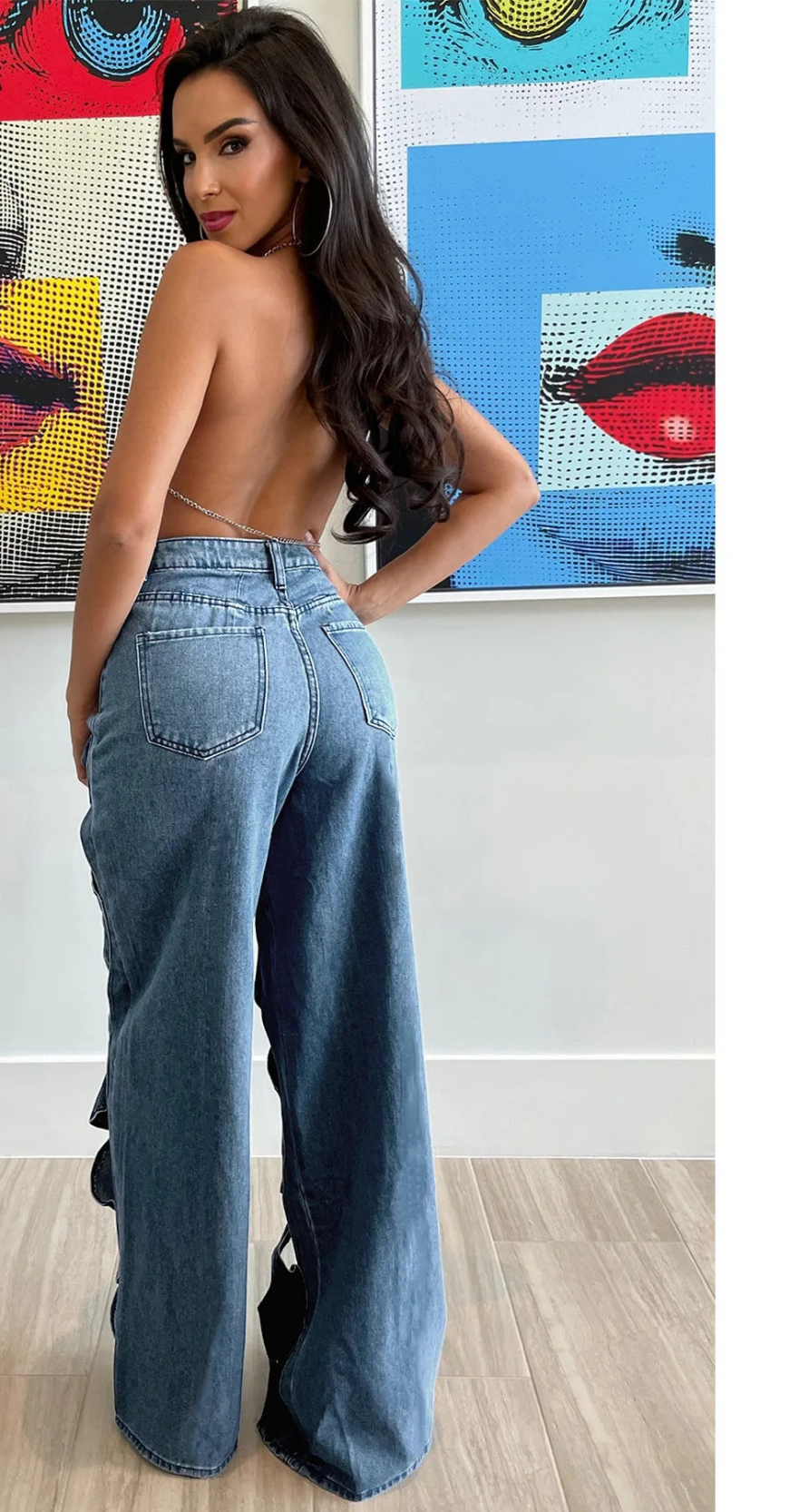 Criss-Cross Pattern Hollow-Out Vintage Cut-Out Denim Straight Women's Wide Leg Jeans