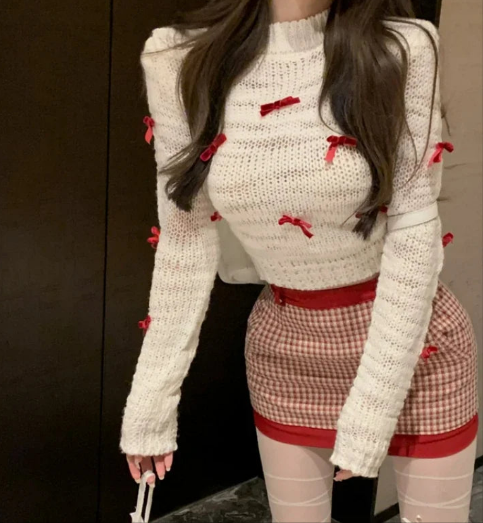 Red Bow Detail Sweater + Knitted Plaid Mini Skirt 2-Piece Sweater Set