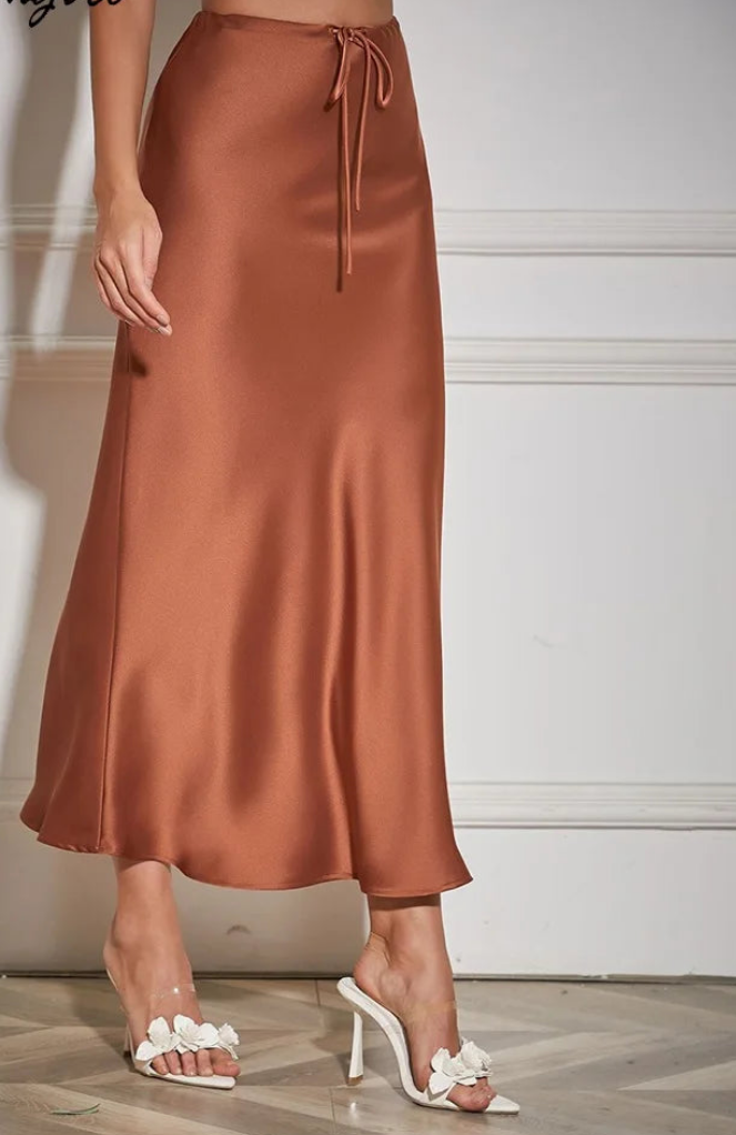 Satin Solid Drawstring A-Line Lace-Up Maxi Skirts