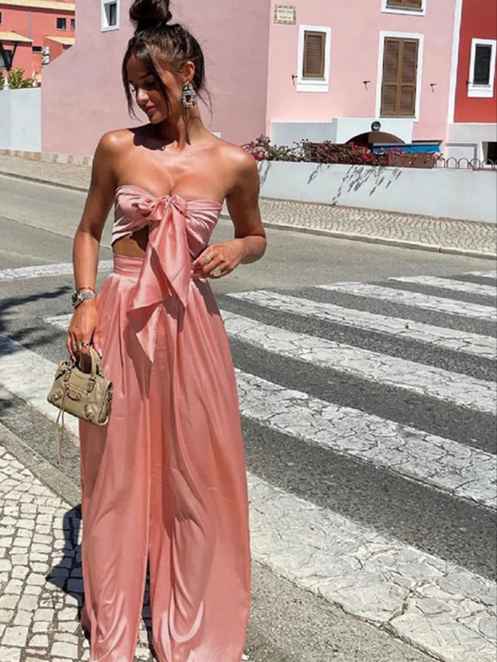 Bandage Slash Neck Bowtie Detail Strapless Crop Top + Wide Leg Pants Matching 2-Piece Set