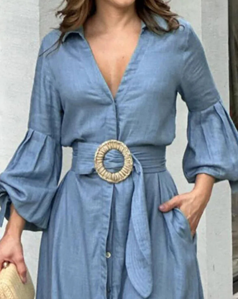 Ruffled Hem Lantern Long Sleeve Pocketed Design Belted Maxi Dress