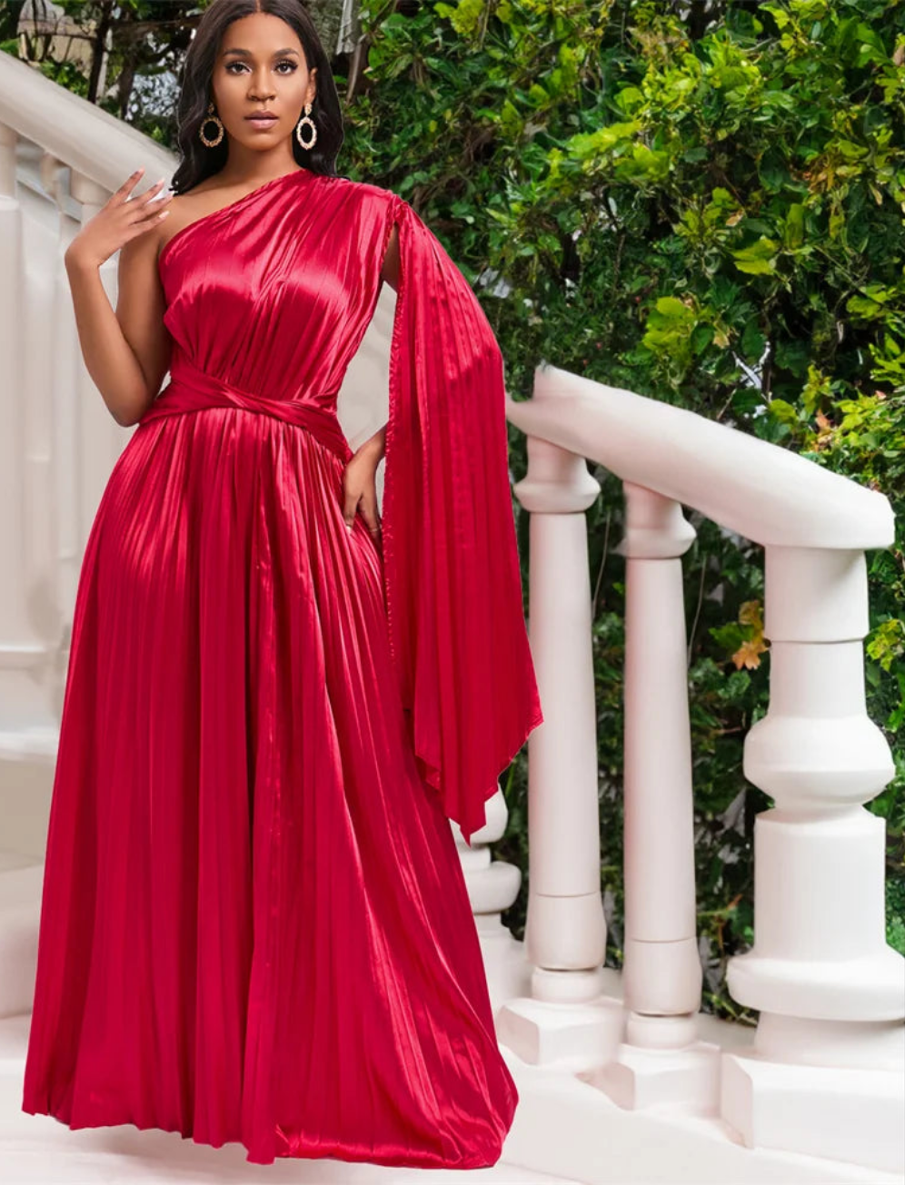 Satin Asymmetrical Ruched Waist Pleated One Sleeve Formal Maxi Dress to 3X Plus Size