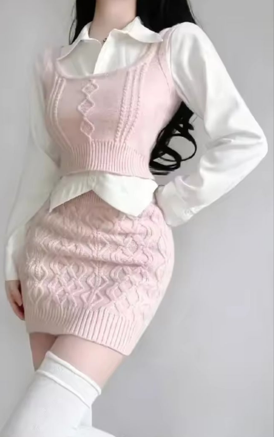 Knitted Sweater Vest + Mini Skirt + White Turn-Down Collar Long Sleeve Blouse 3-Piece Sweater Set