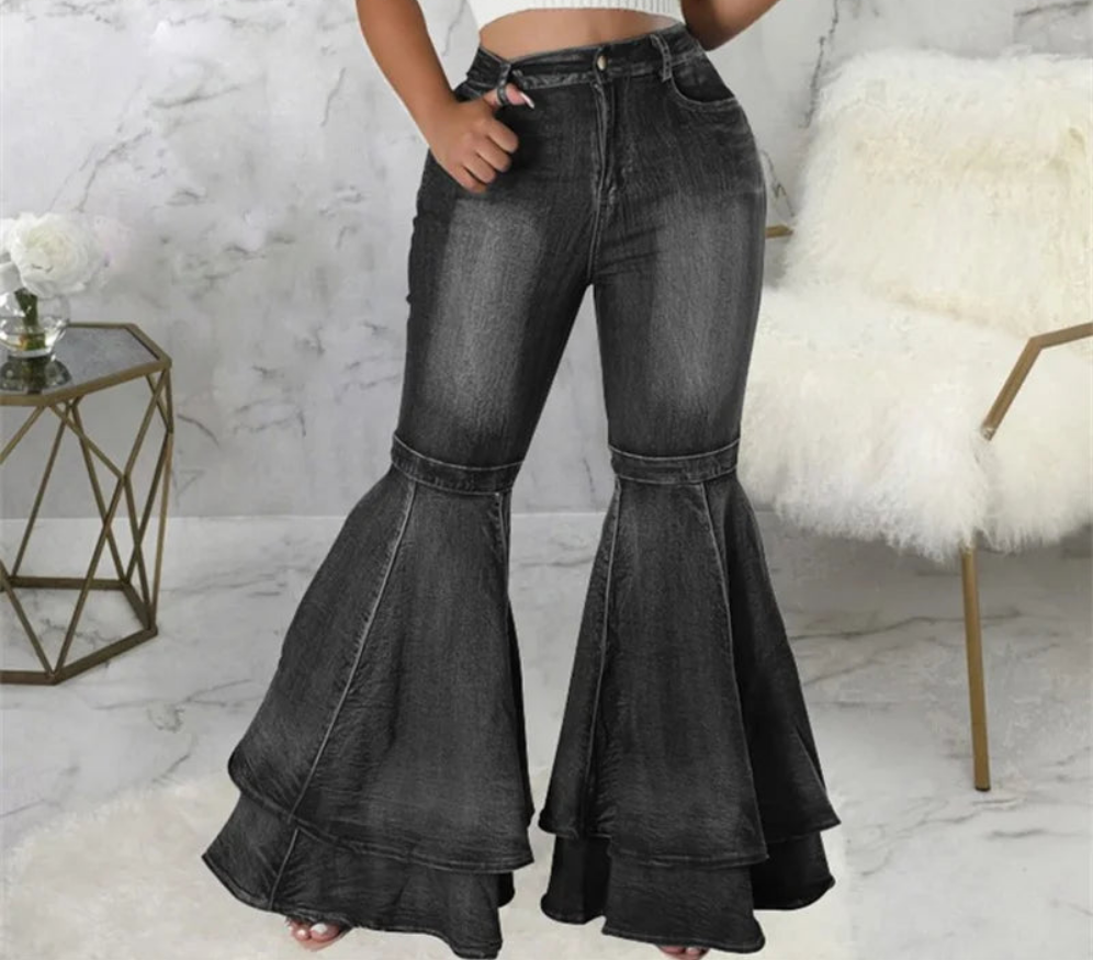 Denim Spliced Layered Flared Women's Stretch Bootcut Wide Leg Bellbottom Jeans