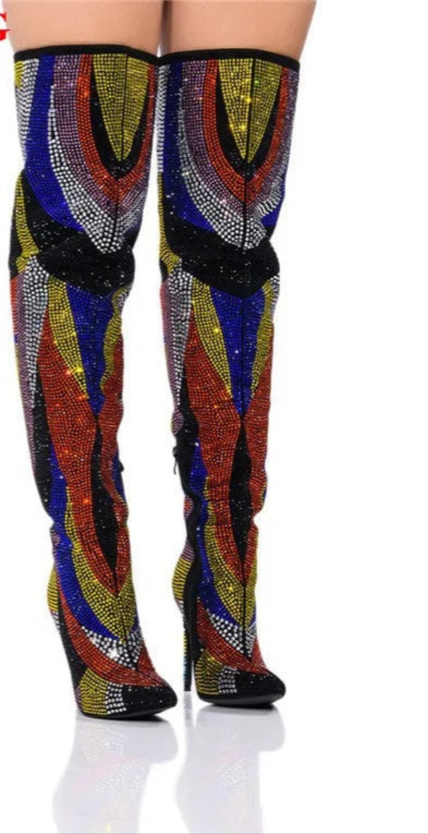 Rainbow Rhinestone Embellished Diamond Crystal High Heel Women's Pointed Toe        Over-The-Knee Boots