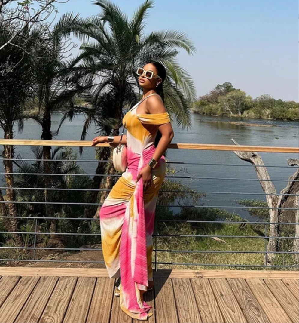 Tie-Dye Off-the-Shoulder Tassel Detail Colorblock Side Slit Skew Collar Bare Shoulder Maxi Dress