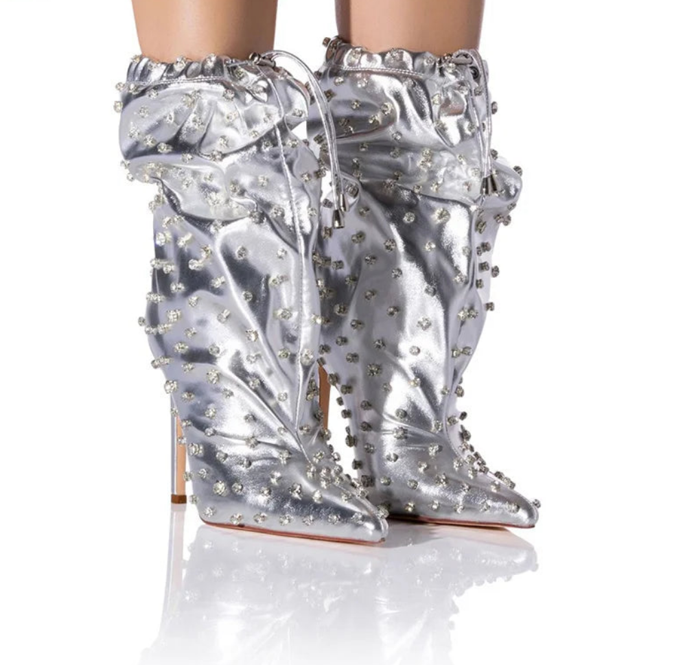 Silver Metallic Crystal Embellished Drawstring High Heel Pointed Toe Leather Women's Ankle Boots