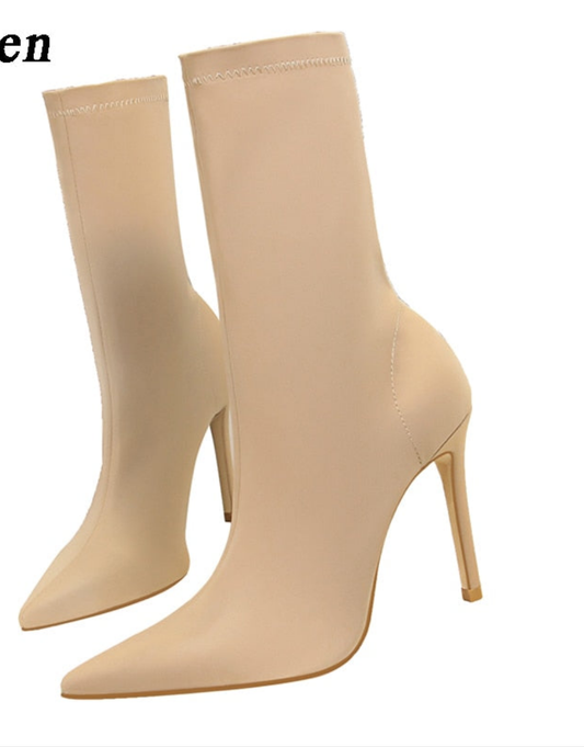 Stretch Fabric Pointed Toe Stiletto Ankle Boots