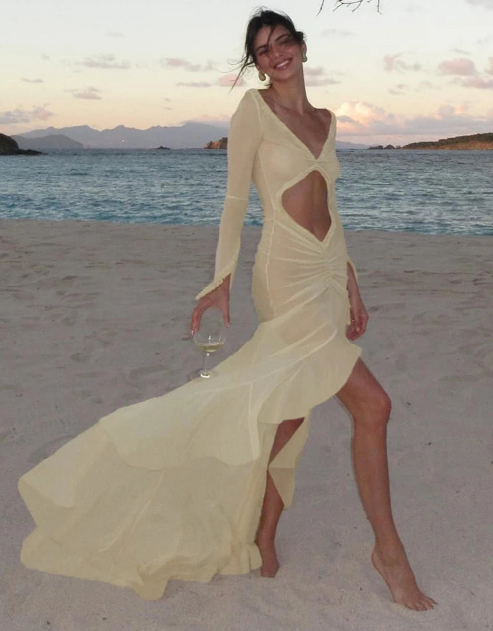 Sheer Transparent Hollow-Out V-Neck High Slit Long Sleeve Ruffled Lace Ruched Bodycon Maxi Dress