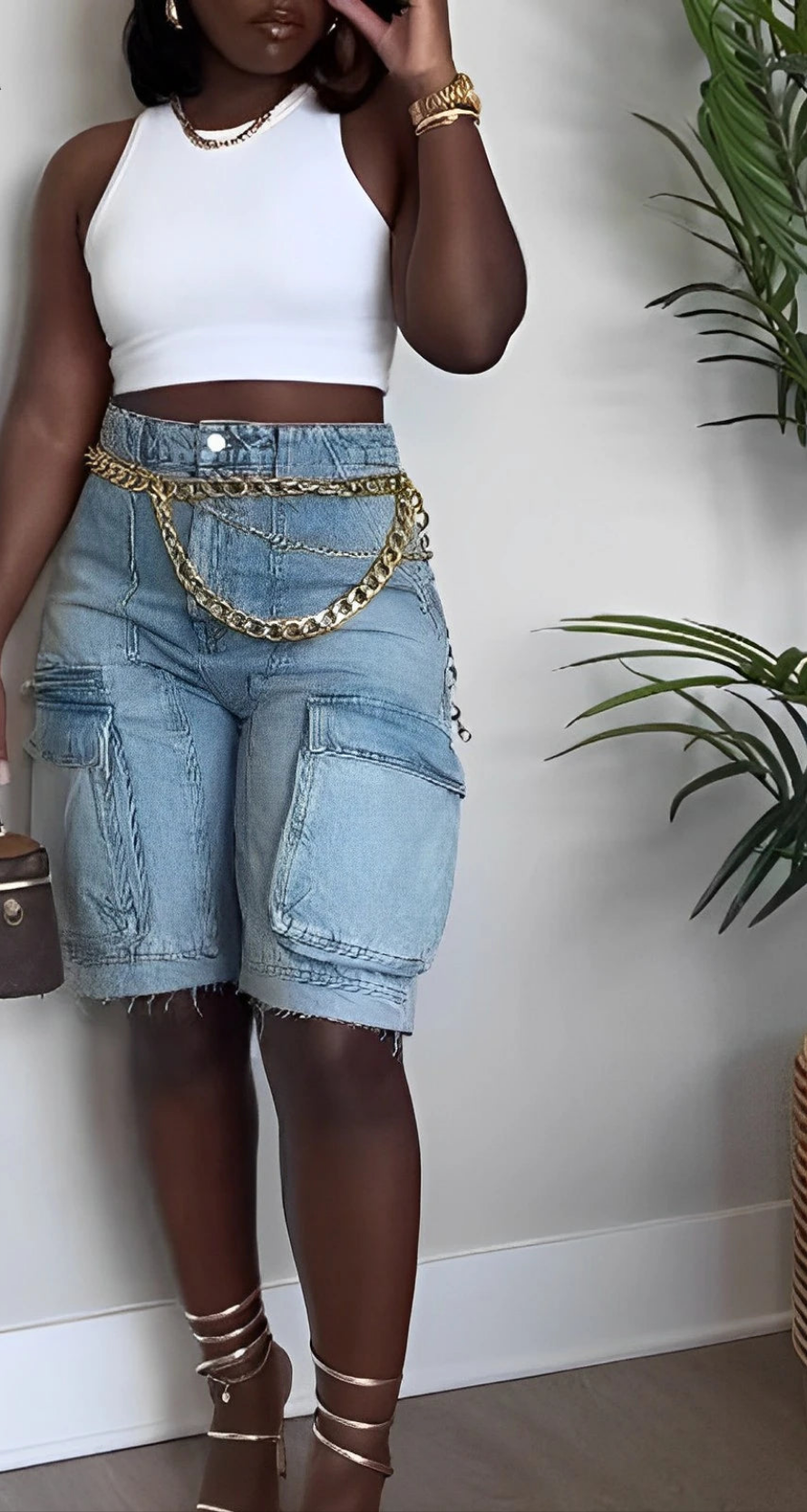 Denim Double Cargo Side Pocket Straight Knee Length Women's Jean Shorts