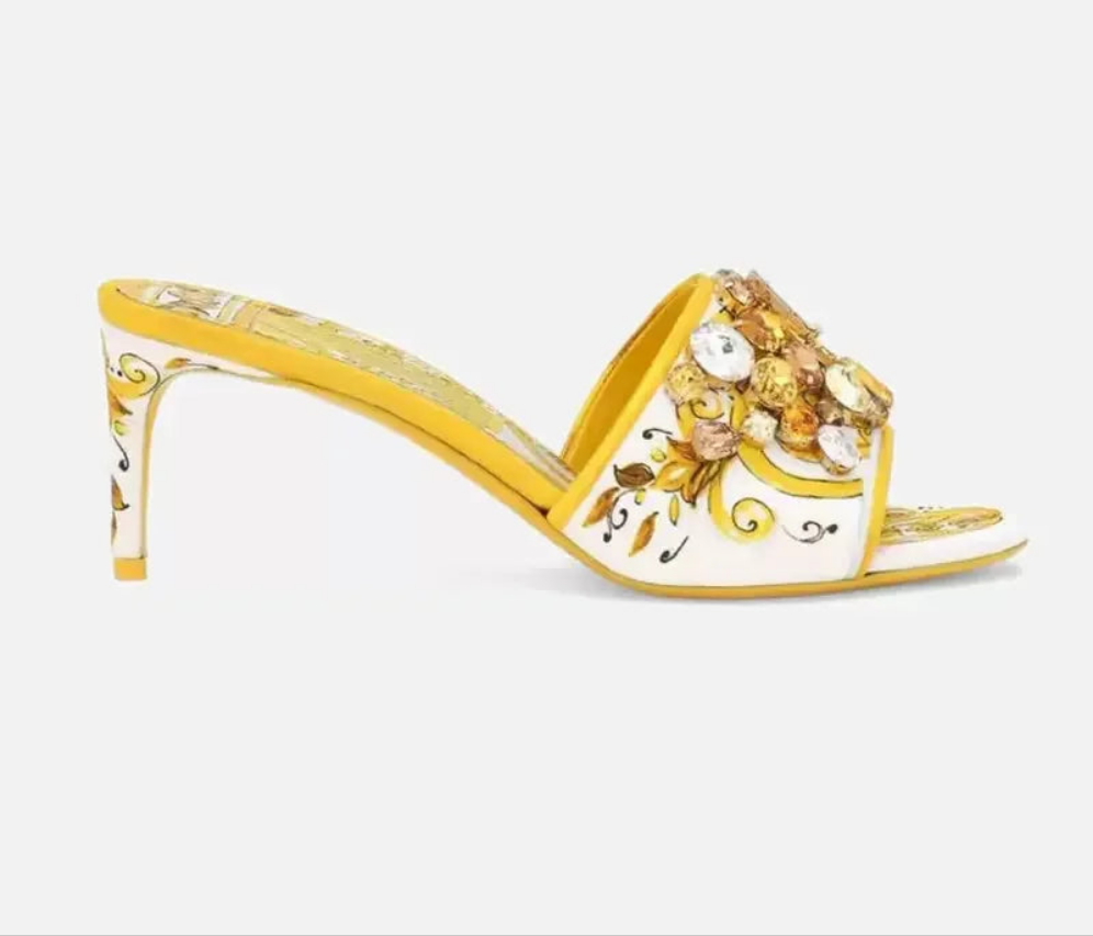 Baroque Print Rhinestone Designer Women's Open Toe Stiletto Slipper Sandals