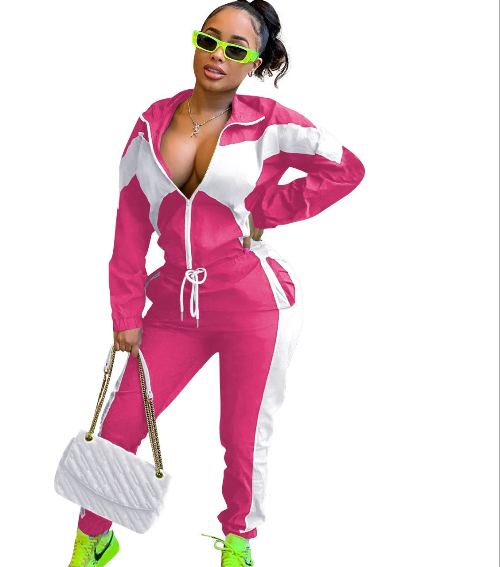 Colorblock Women's Turn-Down Collar Zipper Sweat Jacket + Elastic Waist Sweatpants Tracksuit