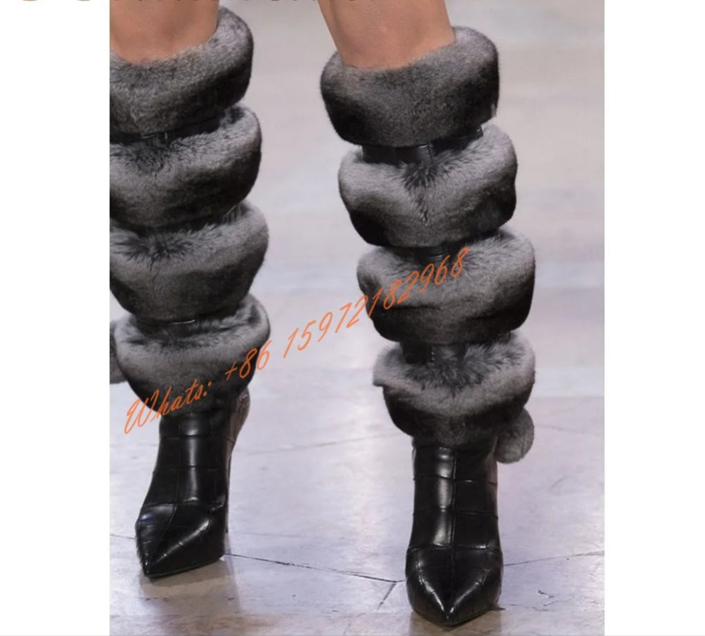 Cut-Out Women's Faux Fur Leather Pointed Toe Back Zipper Thin High Heel Knee High Runway Boots