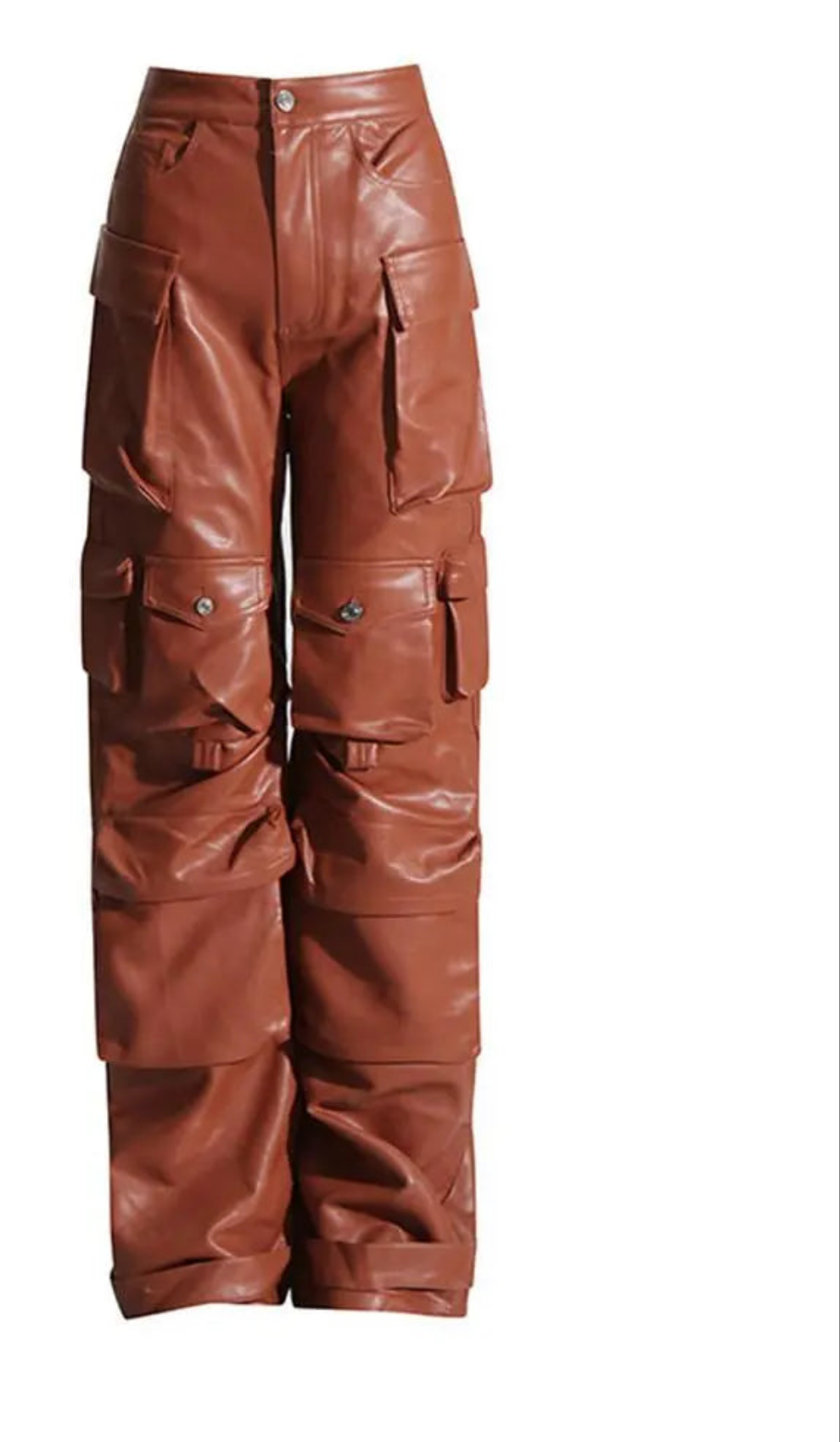 Patchwork Solid Color Baggy Stacked PU Leather Wide Leg Women's Cargo Pocketed Pants
