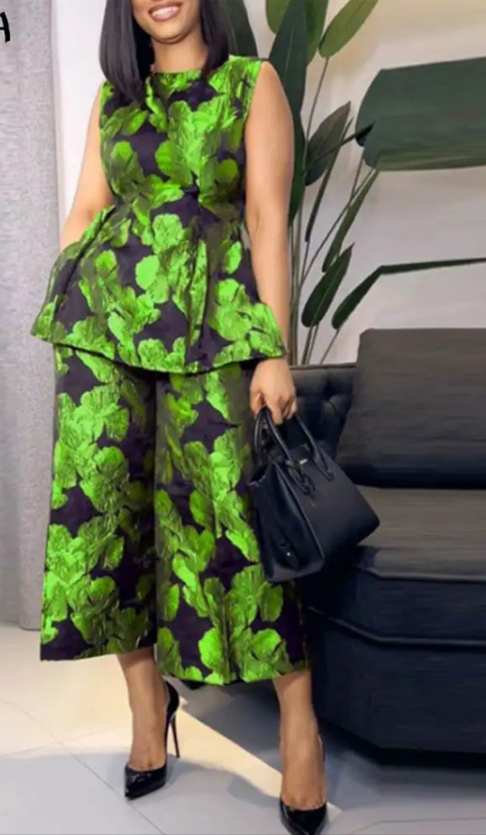 Floral Vintage Print Sleeveless Women's Ruffled Vest + Elastic Waist Wide Leg Pants 2-Piece Sets