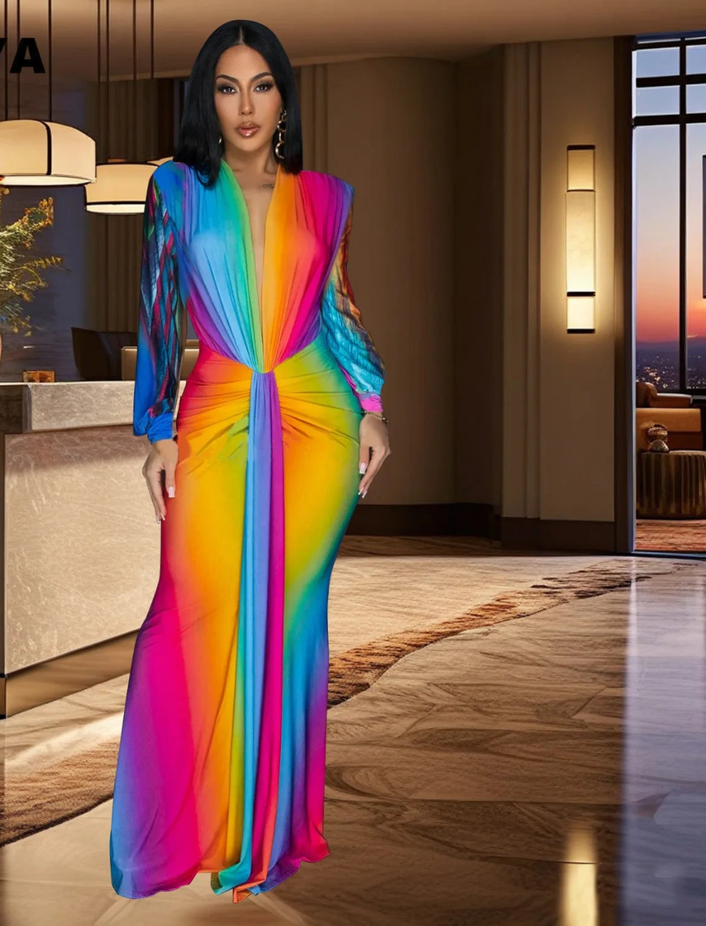 Rainbow Colorblock Gradient V-Neck Long Sleeve Maxi Ruched Maxi Dress