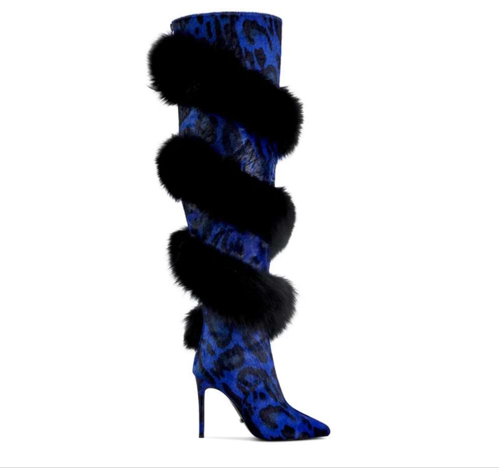 Leopard Black/Blue/Solid Spiral Faux Fur Design Spiked Stiletto Heel Over-The-Knee Women's Boots