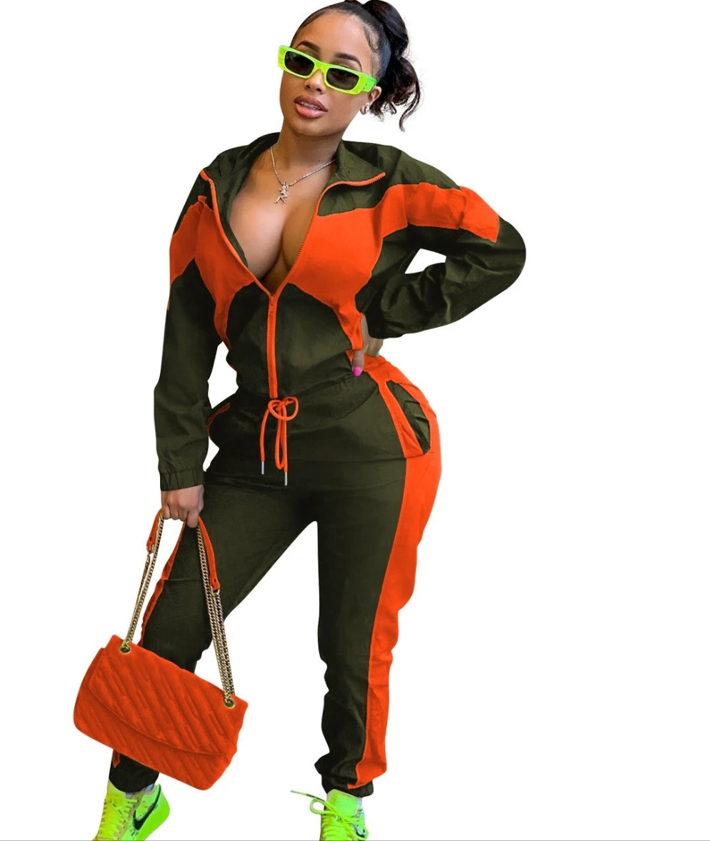 Colorblock Women's Turn-Down Collar Zipper Sweat Jacket + Elastic Waist Sweatpants Tracksuit