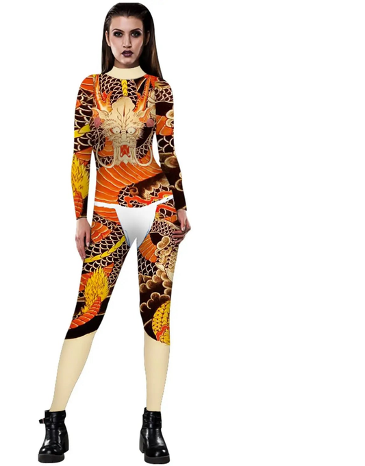 Multi-Colored 3D Graphic Printed Long Sleeve Women's Skin Tight Jumpsuit