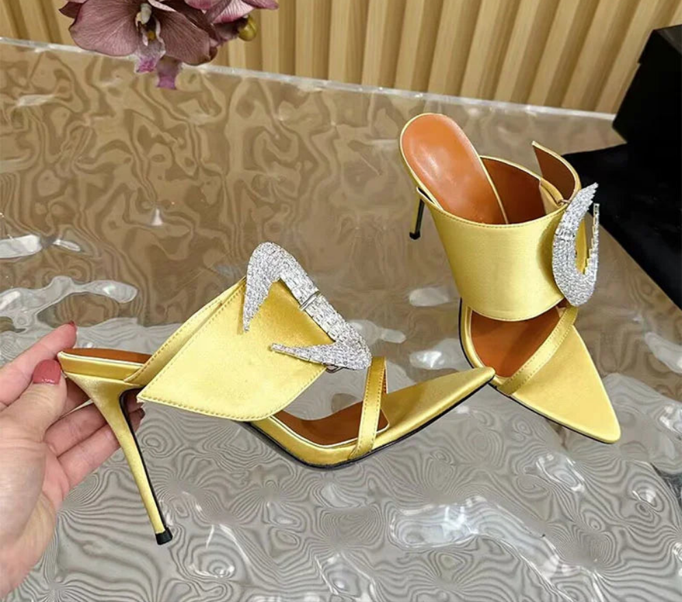 Satin Crystal Rhinestone Pendant Detail One Strap Peep Toe High Heel Pointed Toe Slingback Sandal Pumps